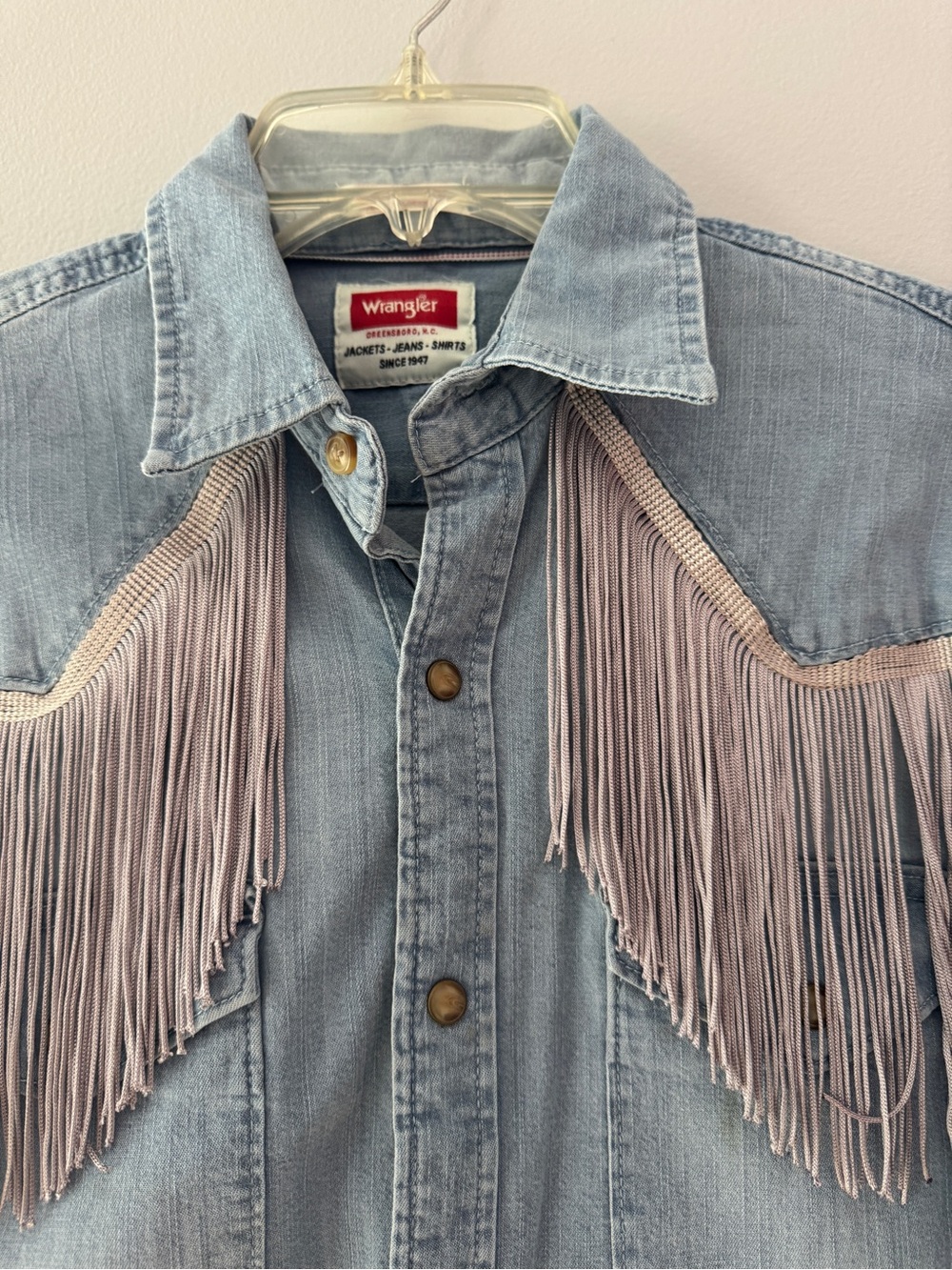 Wrangler Light Blue Denim Western Shirt with Cream Fringe-Small - Picture 2 of 5